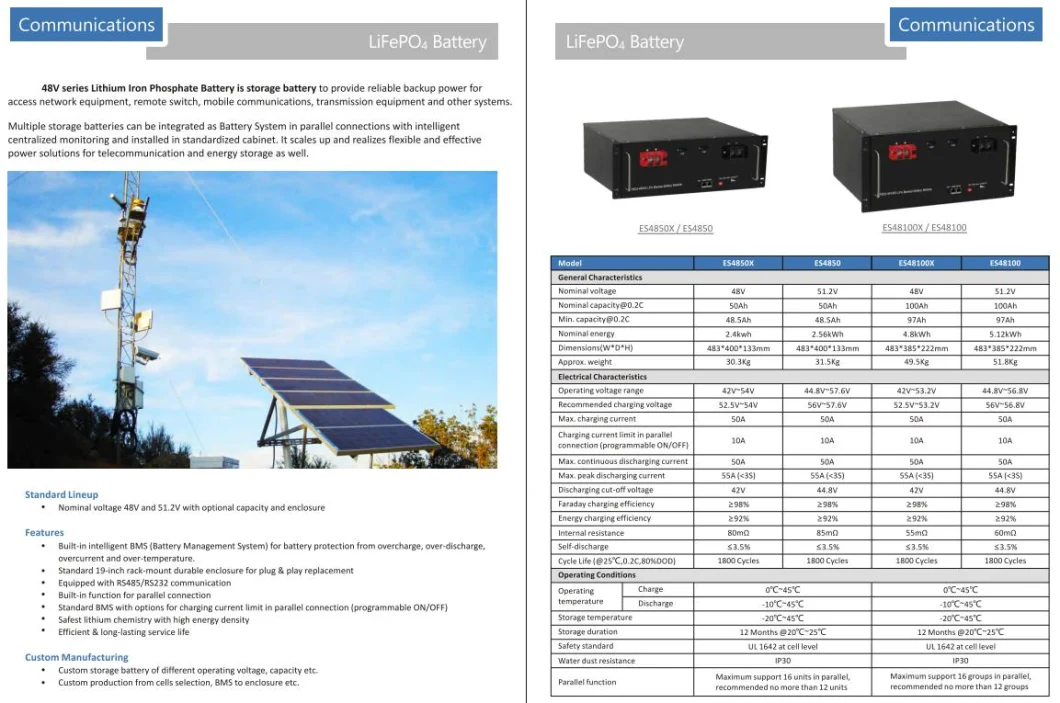 Factory High Quality Rechargeable 48V 50ah 75ah 100ah 150ah 200ah Ess Lithium Battery LiFePO4 Battery for Solar System Telecom Backup